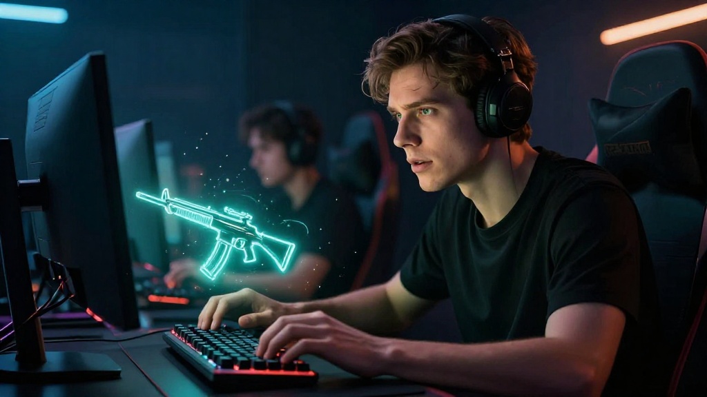 Молодой геймер за компьютером в момент открытия кейса CSGO с неоновым освещением и эффектами свечения